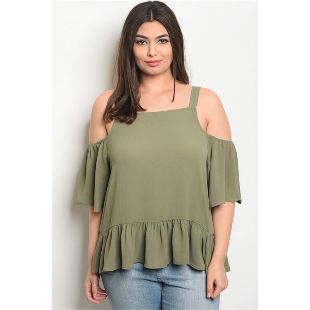 Olive cold shoulder ruffle top!